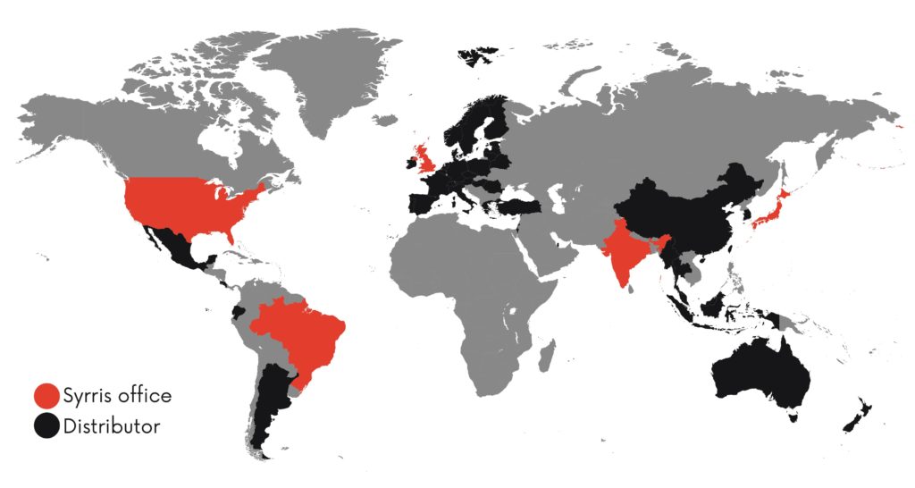 A map of the world showing Syrris offices and distributor countries